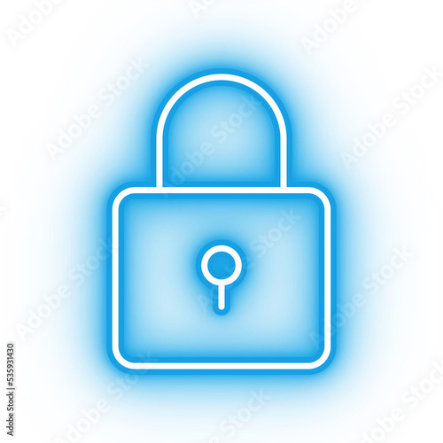 Neon blue lock icon, glowing closed lock icon on transparent background