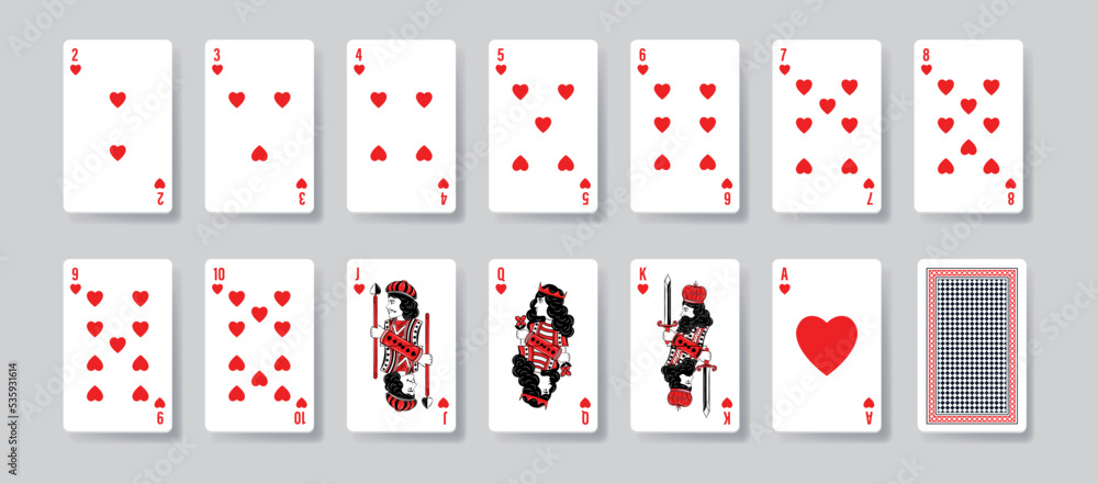 Set of poker hearts cards. Collection of graphic elements for website, online entertainment and gambling. Inventory for Black Jack. Realistic vector illustrations isolated on grey background Set of poker hearts cards. Collection of graphic elements for website, online entertainment and gambling. Inventory for Black Jack. Realistic vector illustrations isolated on grey background