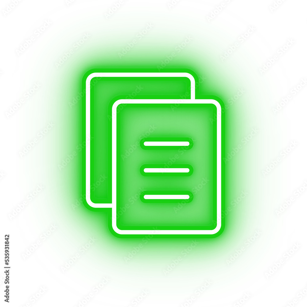 Neon green document icon, glowing paper icon on transparent background Neon green document icon, glowing paper icon on transparent background