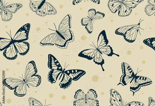 Butterfly vintage seamless pattern. Repeating design element for printing on wrapping paper. Nature, wildlife, fauna and insects. Poster or banner for website. Cartoon flat vector illustration