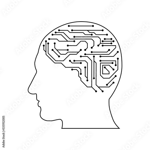 head in style of Printed circuit board outline illustration. Futuristic artificial intelligence design theme. Modern technology networking for design element