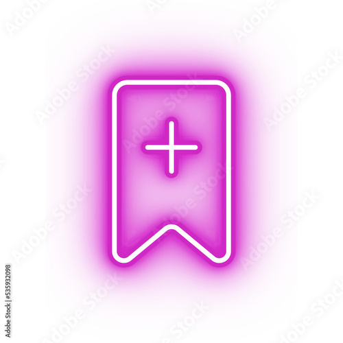 Neon pink bookmark icon, glowing add bookmark icon on transparent background