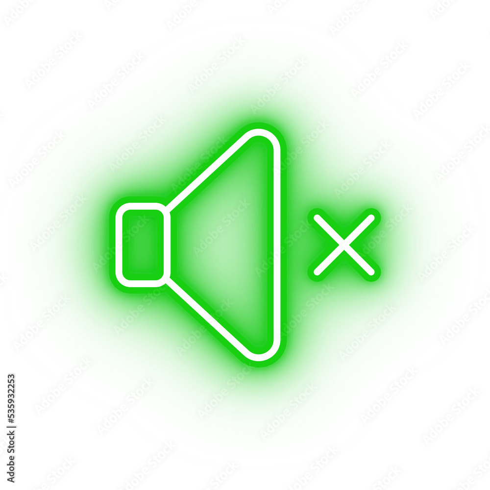 Neon green mute icon, glowing speaker icon on transparent background Neon green mute icon, glowing speaker icon on transparent background