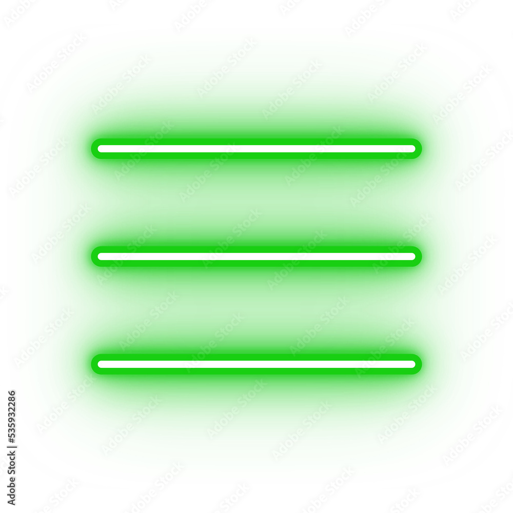 Neon green centre align icon, glowing menu icon on transparent background
