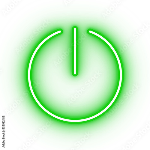 Neon green power icon, glowing power button on transparent background