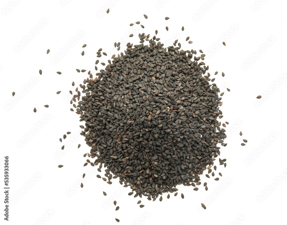 Heap of black sesame seeds on white background Heap of black sesame seeds on white background
