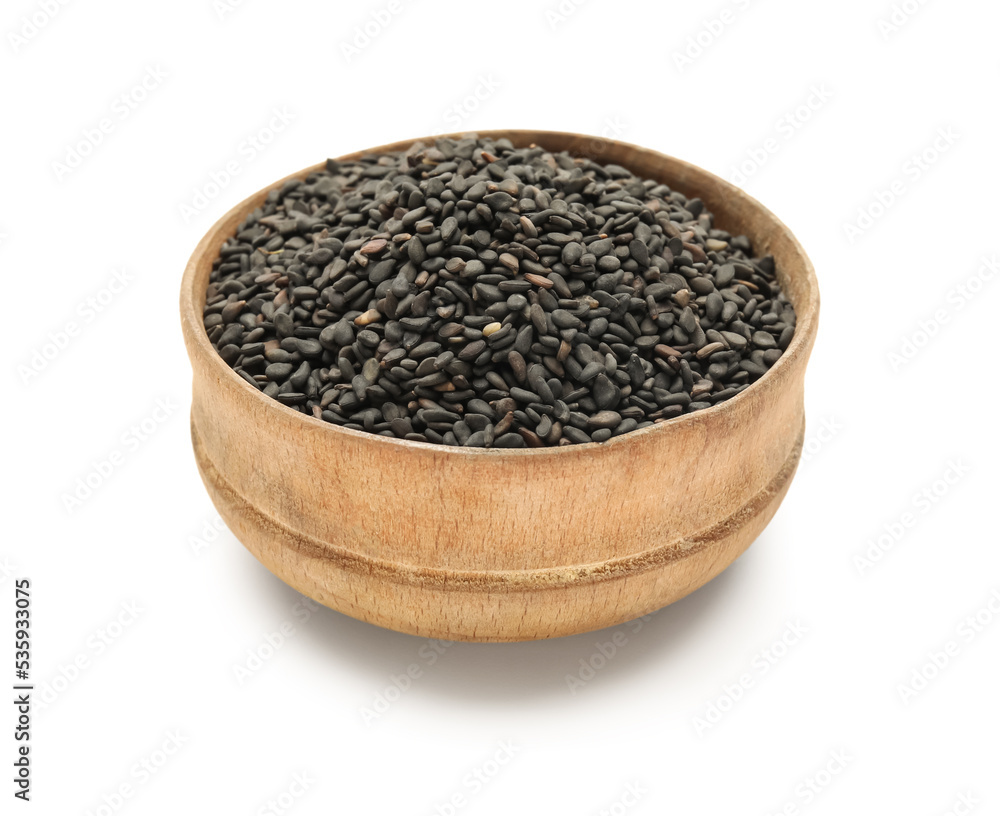 Bowl of black sesame seeds on white background Bowl of black sesame seeds on white background