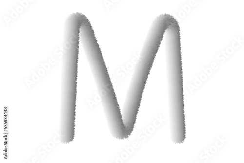 Feathered letter M. Easy editable letters. Soft and realistic feathers. White, fluffy, hairy letter M, isolated on a white background.