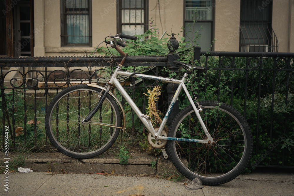 Bike on the sidewalk in Crown Heights, Brooklyn, New York