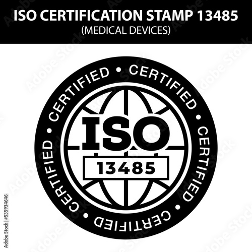 ISO stamp quality. International Organization for Standardization stamp 13485. Popular standards ISO. Medical devices certification.
