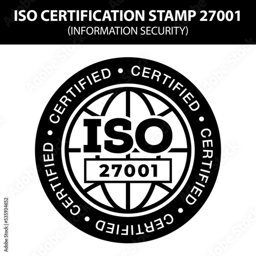 ISO stamp quality. International Organization for Standardization stamp 27001. Popular standards ISO. Information Security certification.