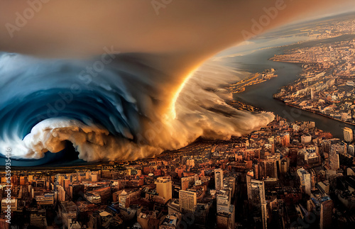 A view of a large tornado that destroyed an entire city. A tornado engulfs the city. 3d render