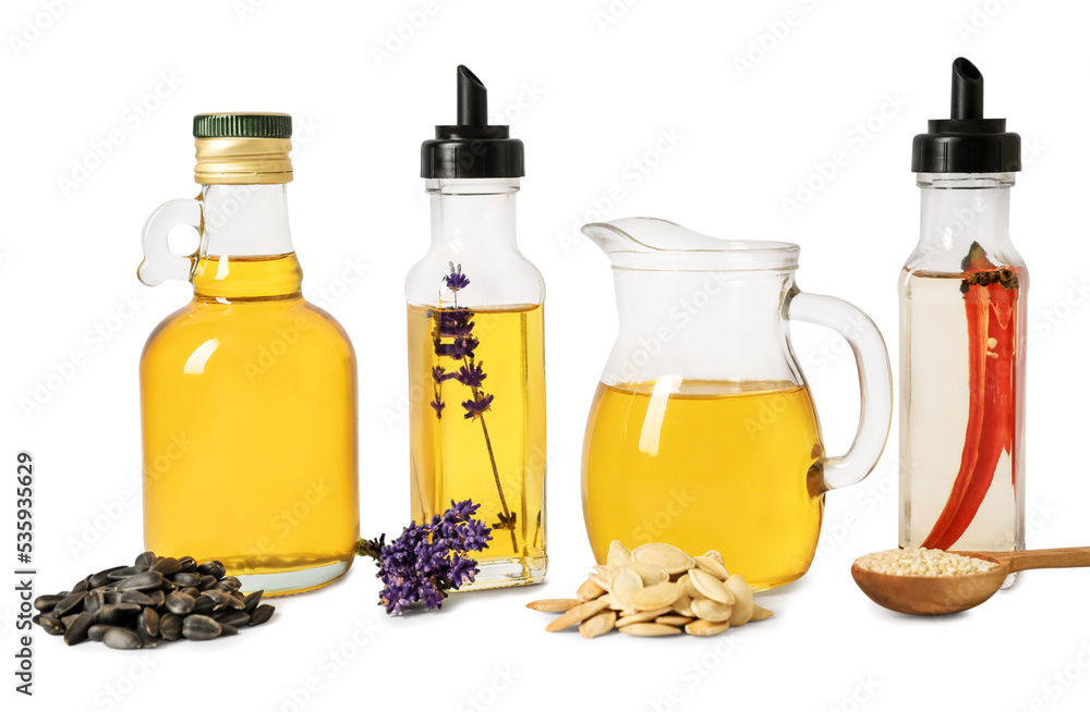 Different cooking oils and ingredients on white background Different cooking oils and ingredients on white background