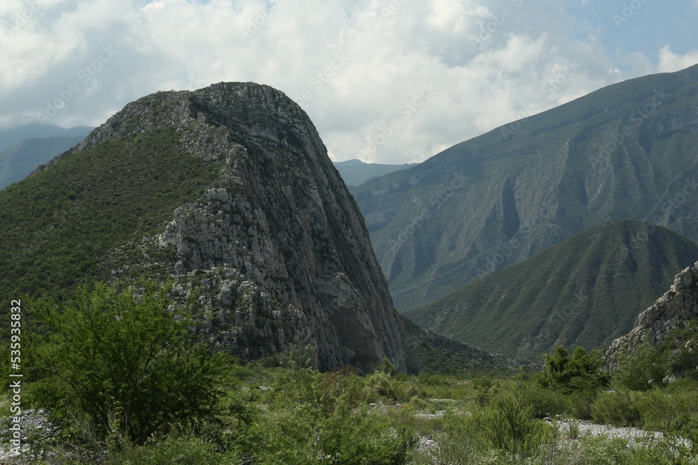 Picturesque view of beautiful mountains and plants under cloudy sky