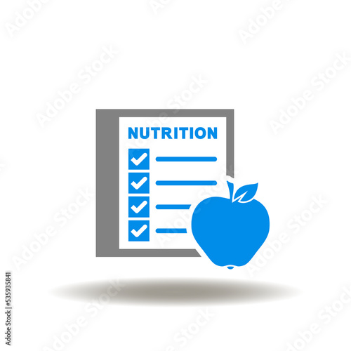 Vector illustration of checklist with apple and nutrition header. Icon of diet plan. Symbol of nutrition.