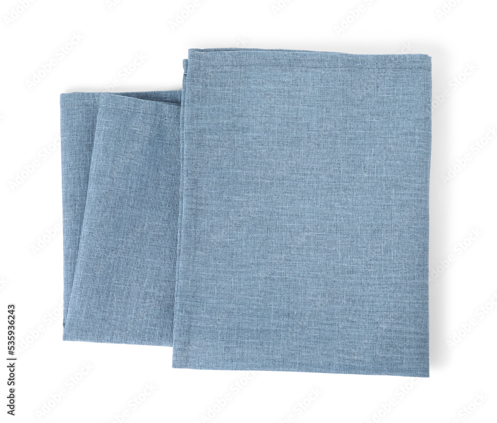 New clean light blue cloth napkins isolated on white, top view New clean light blue cloth napkins isolated on white, top view