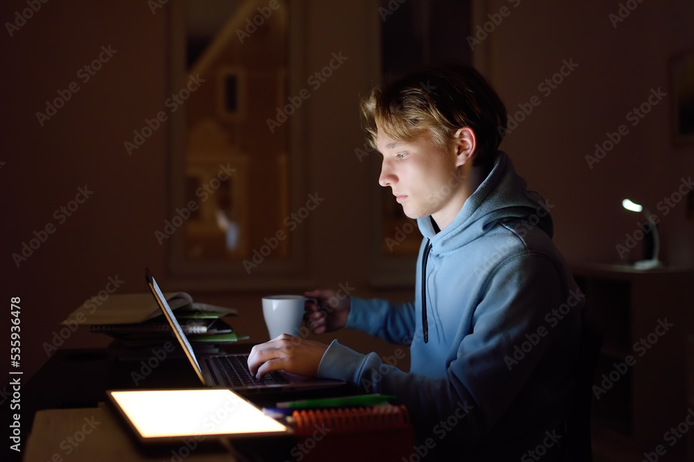 Concentrated teenager studying late night at home office with laptop and tablet.