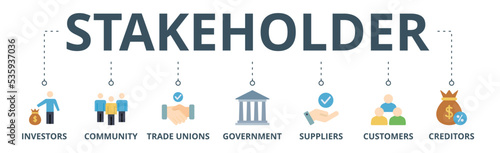 Stakeholder relationship banner web icon vector illustration concept for stakeholder, investor, government, and creditors with icon of community, trade unions, suppliers, and customers