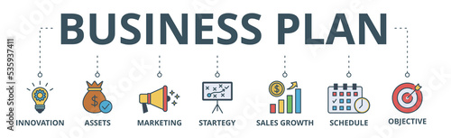 Business plan banner web icon vector illustration concept with icon of innovation, assets, marketing, strategy, sales growth, schedule, and objective