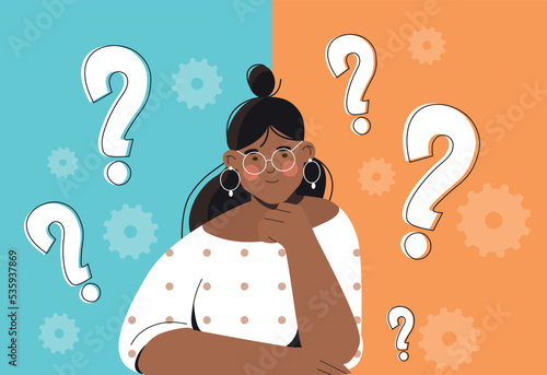 Woman make choice. Young girl looking for answers to question, makes important decision in life. Analytics and logical thinking, thoughtful and pensive character. Cartoon flat vector illustration