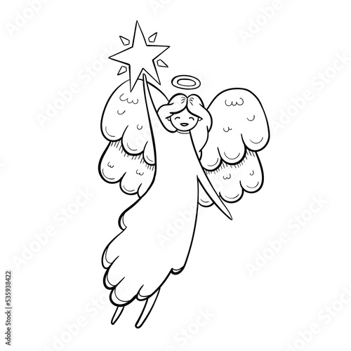 Cute doodle angel with star. Hand drawn vector outline illustration. Perfect for greeting cards, print, textile designs, holiday designs.