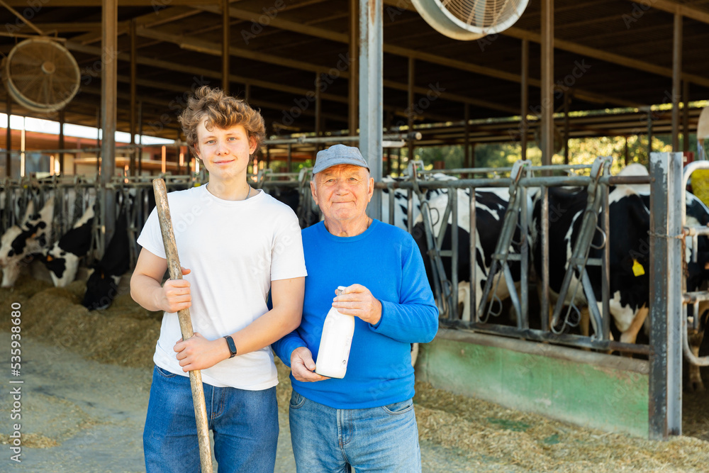 Portrait of smiling successful elderly farmer standing in cowshed at dairy farm with teenage grandson, holding bottle of fresh cow milk in hands