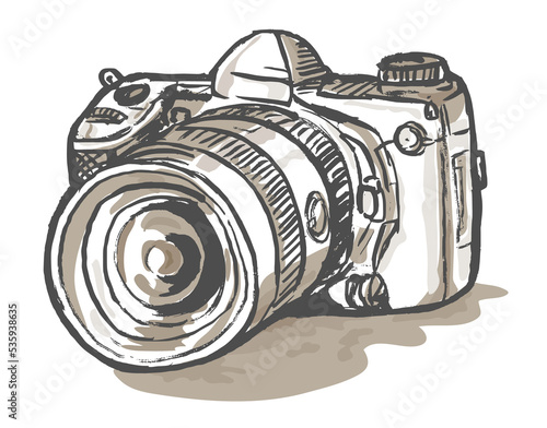 hand sketch drawing illustration of a digital SLR camera
