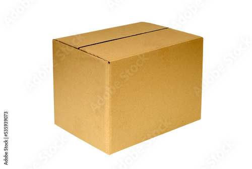 Plain brown cardboard box photo transparent background isolated side corner view PNG file