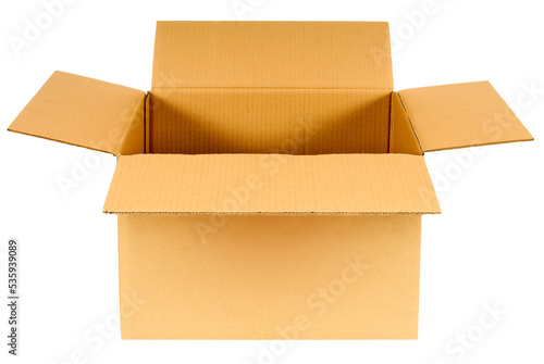 Plain brown cardboard box top open photo transparent background isolated PNG file