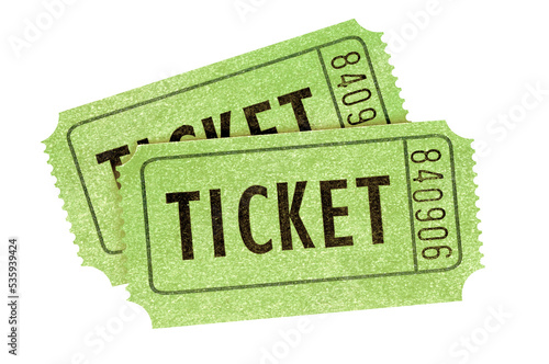 Two green admission tickets isolated photo transparent background PNG file