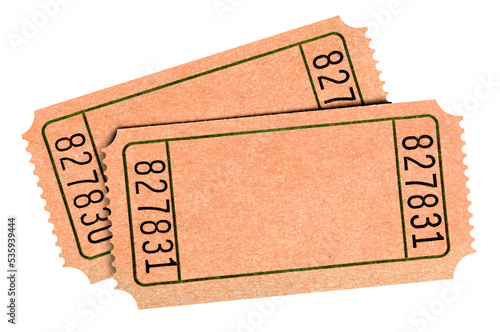 Two old blank raffle tickets pair flat close up isolated photo transparent background PNG file