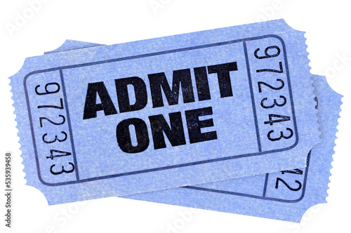 Two blue admit one movie tickets flat close up isolated transparent background photo PNG file