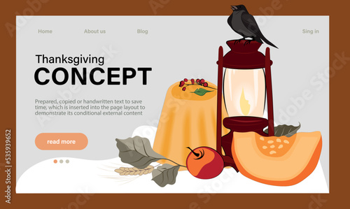 Happy Thanksgiving holiday vector design template for websites, posters, banners. Happy Thanksgiving with traditional food, turkey, pies, pumpkins and fruits. Vector website template