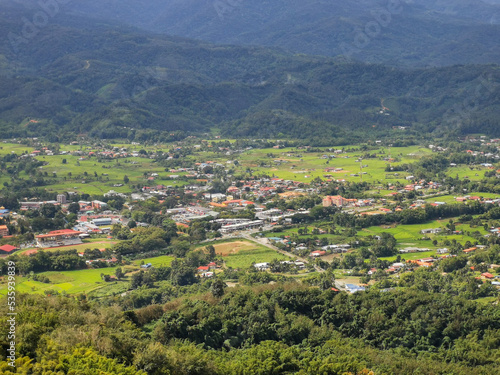 Aerial view of village and small town of Tambunan, Sabah, Malaysia.