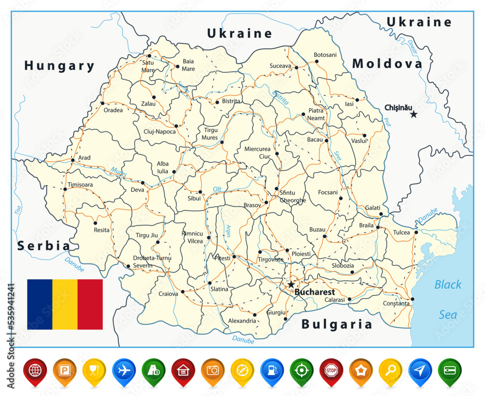 Obraz premium Romania Road Map and map icons
