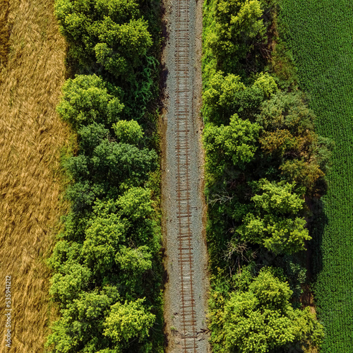 Aerial over a rural wisconsin railroad track