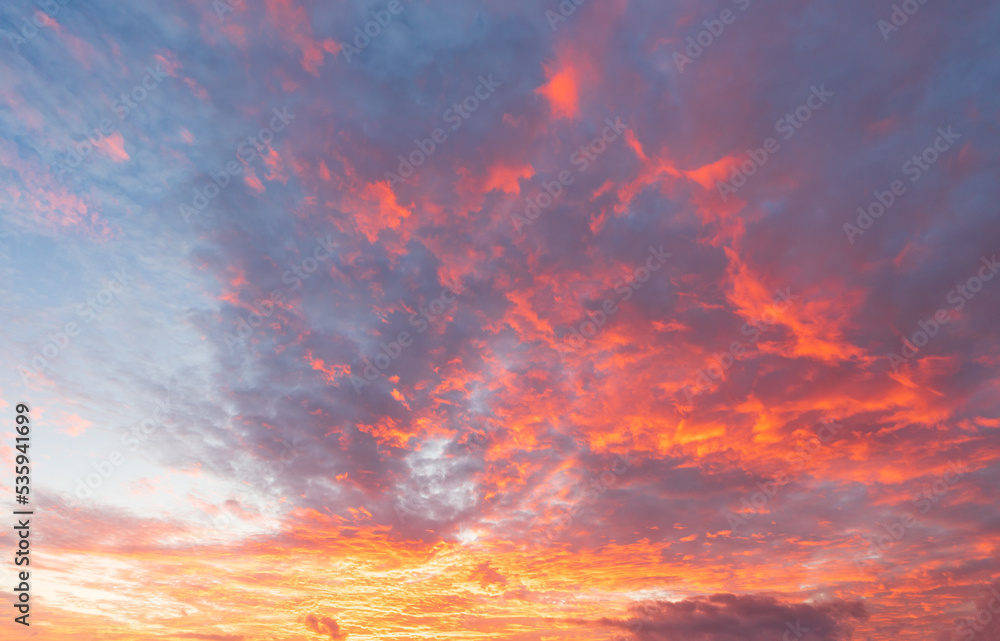Huge Panoramic view of Sunset Sunrise Sundown Sky with colorful clouds