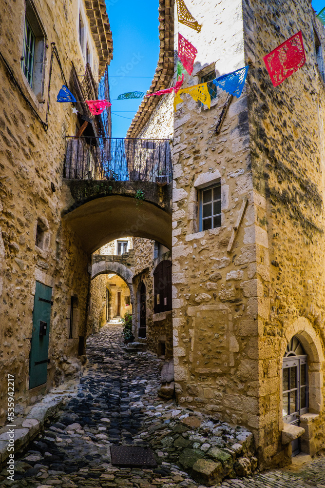 Narrow paved street and old houses in the medieval village of Saint Montan in the south of France (Ardeche)