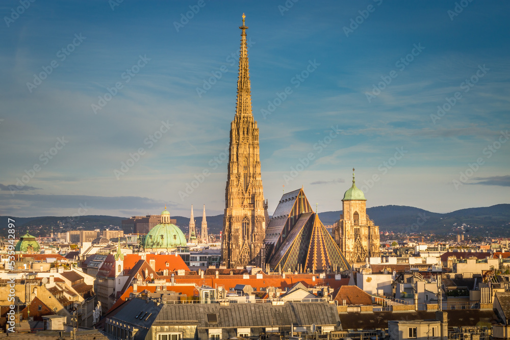 St. Stephen's Cathedral and Vienna old town cityscape at sunrise, Austria St. Stephen's Cathedral and Vienna old town cityscape at sunrise, Austria