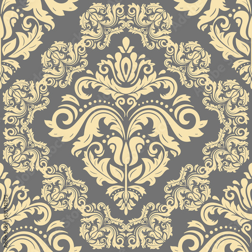 Classic seamless vector pattern. Damask gray and golden orient ornament. Classic vintage background. Orient pattern for fabric, wallpapers and packaging