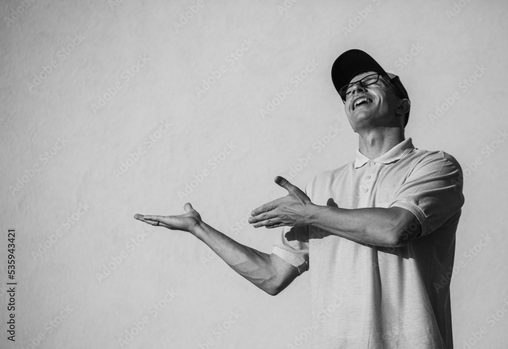Man sale. Happy day. Male. Smile. Fun. Background. Gesture. Finger. Man sale. Happy day. Male. Smile. Fun. Background. Gesture. Finger.