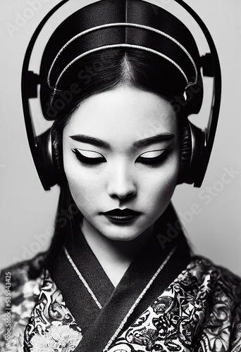 A young beautiful geisha in a kimono and headphones. Portrait of a beautiful geisha in a black and gold kimono. 3D rendering. photo