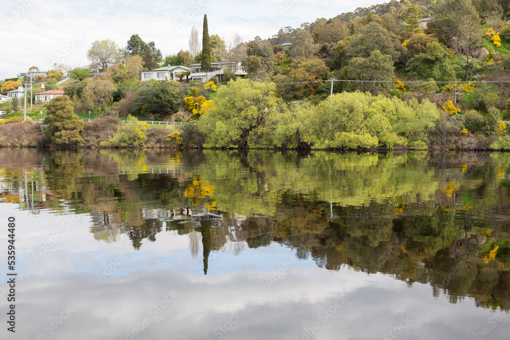 Beautiful reflections of the trees and shrubs along the riverbank of the Huon River