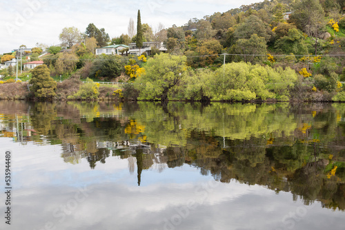 Beautiful reflections of the trees and shrubs along the riverbank of the Huon River