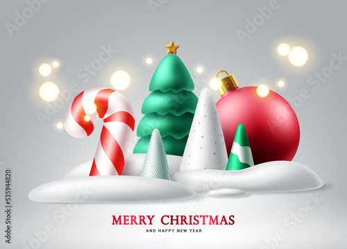 Christmas vector background design. Merry christmas greeting text with xmas fir tree, ball and candy cane miniature decoration in snow frost background. Vector Illustration.