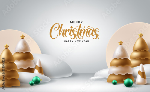 Merry christmas text vector background design. Christmas fir tree in snow frost mock up scene for xmas product presentation. Vector Illustration.