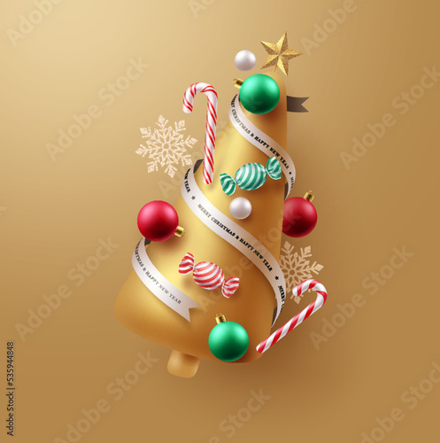 Christmas tree vector background design. Merry christmas greeting card with pine tree in elegant cone shape gold color elements for xmas holiday decoration. Vector Illustration.