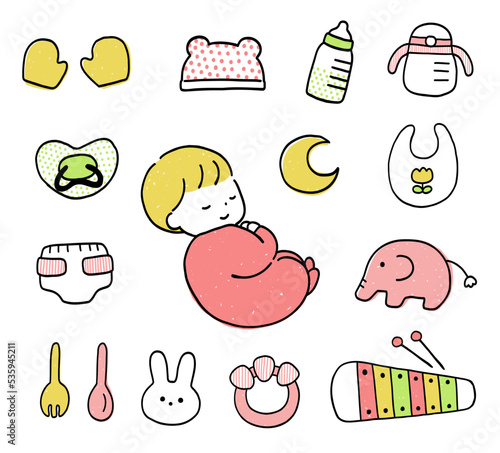 眠る赤ちゃんとベビーグッズのセットイラスト