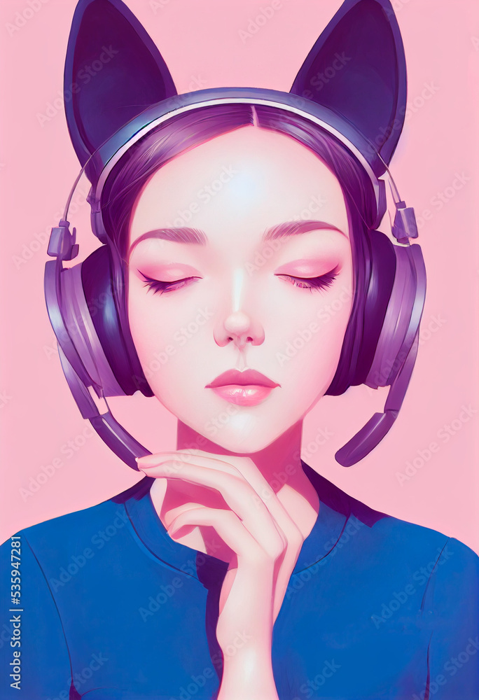Cute girl with cat ear headphones. Beautiful streamer illustration