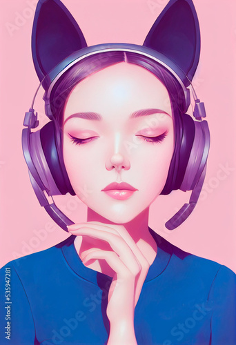 Cute girl with cat ear headphones. Beautiful streamer illustration. Gamer girl. Youtuber. Listening music girl. Call center